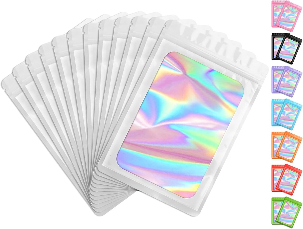 100 Pcs Resealable Holographic Mylar Bags – 3.5x6.3 Inch Smell-Proof Pouches with Clear Window, Zipper Seal Storage for Small Business Packaging, Jewelry, Cookies, and Coffee Samples (White)